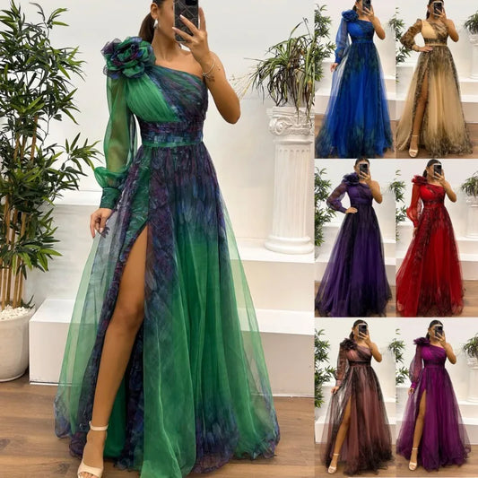 2025 Damen Abendkleid Schulterfrei Plissee Lange Laternenärmel Schlitz Saum Maxikleid Strass Dekor Hohe Taille Partykleider