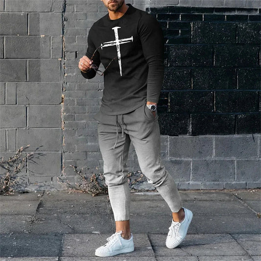 Fashion Men's Long Sleeve T-shirt Set Sports Pants New 3D Printed Casual Male Clothes Oversized Tracksuits 2 Piece Suit Jogging