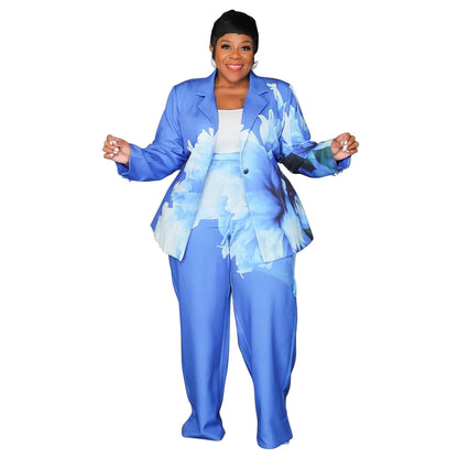 CM.YAYA Plus Size Women's Set Long Sleeve Floral Print Blazer +Wide Leg Pants Suit  Fall Two 2 Piece Set Outfits Tracksuit