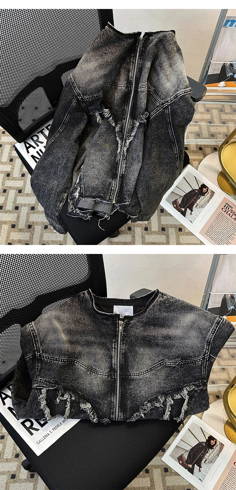 Men's Fringed Denim Set 2026 Spring New American Retro Washed Shoulder Padded Zipper Jacket Splicing Jeans Two Pieces Sets