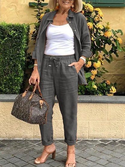 Cotton Linen Set Women Spring Summer Loose Oversize Long Sleeve Shirt Long Pants 2 Piece Sets Casual Office Ladies Trousers Suit