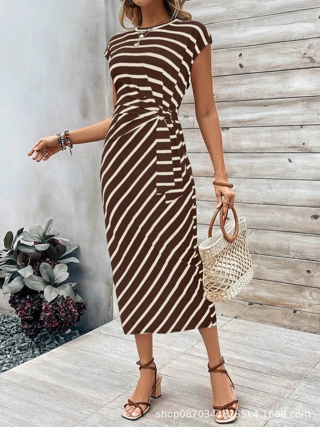 Elegant And Elegant Waist Lace Up Striped Round Neck Short Sleeve Long Dress Summer Party Bodycon Women's Dresses
