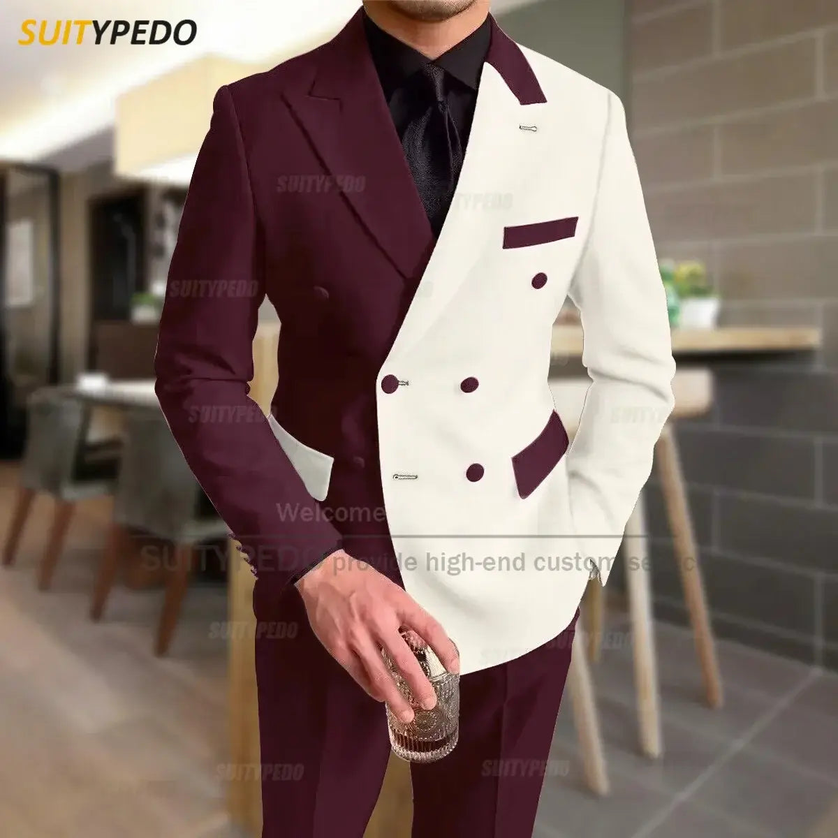 Mode Schwarz-Elfenbein-Spleiß Herrenanzug Lässige Party Klassische Zweireiher Jacke Abendessen Eleganter Blazer Hosen Outfits