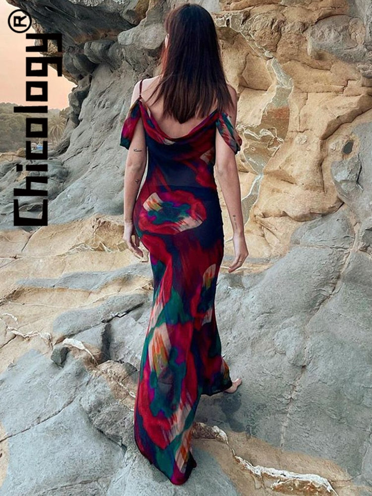 Chicology 2022 Women Chiffon Printed Strap Swinging Collar Maxi Dress Bodycon Sexy Elegant Beach Vacation Festival Hawaii Outfit