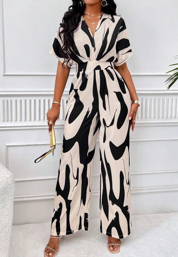Women Wide Leg Jumpsuit Spring Summer Fashion V Neck Short Sleeve High Waist Full Body Printed Jumpsuits Casual One Pieces