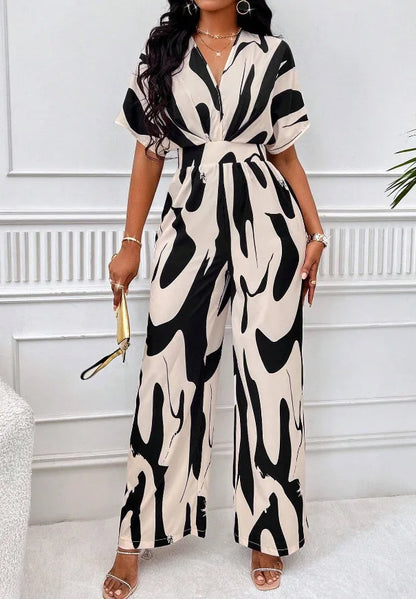 Women Wide Leg Jumpsuit Spring Summer Fashion V Neck Short Sleeve High Waist Full Body Printed Jumpsuits Casual One Pieces