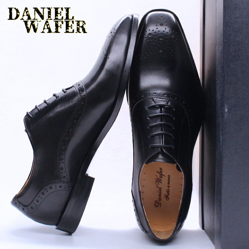 Men&#39;s Luxury Brand Shoes Fashion Brogue Formal Black Blue Lace-Up Wedding Office Dress Genuine Leather Oxford Shoes for Man