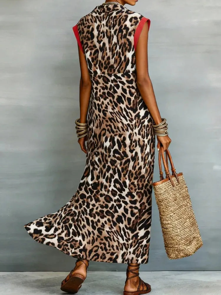 UOOZEE Women's Fashion Leopard Printed High Slit Lapel Shirt Dress 2026 New Summer Flying Sleeves High Waisted Maxi Dresses