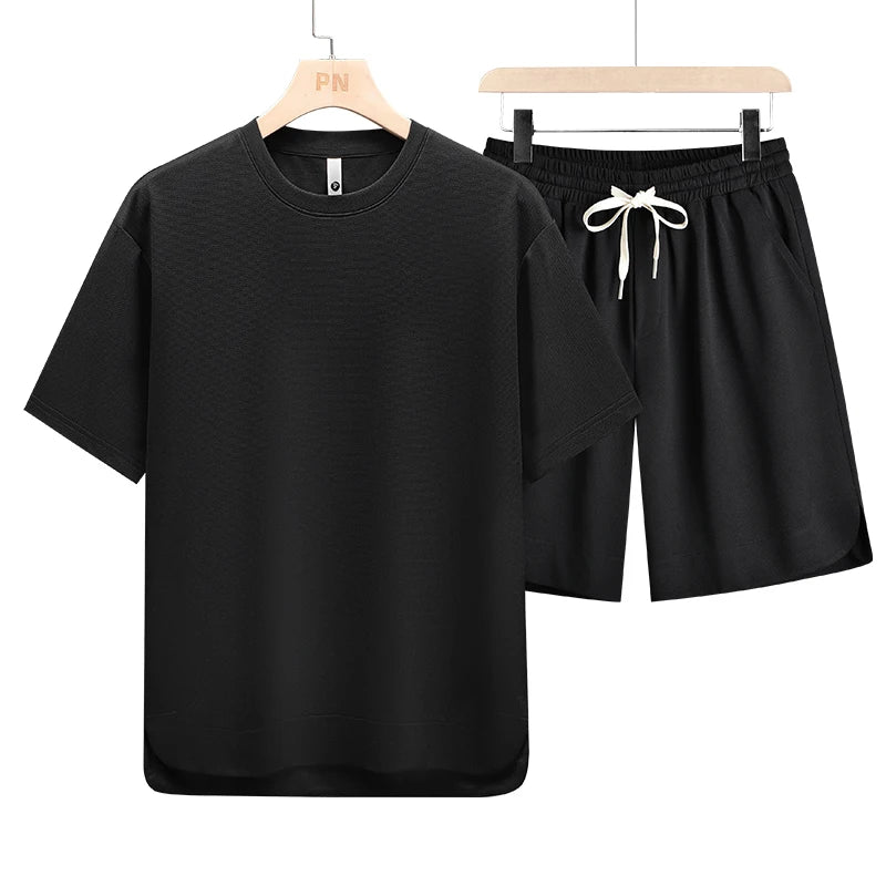 T Shirt Men Set Shorts Suit Oversize 6XL 7XL 8XL Plus Size Quick Dry Silk Short Sleeve Summer T-shirts Fashion Sportswear Loose