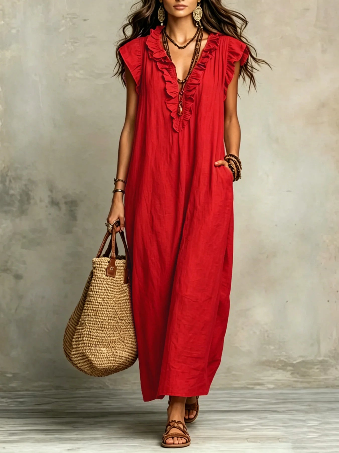 Women's Spring Summer Bohemian Long Dress with Flying Sleeves Elegant Gown for Ladies