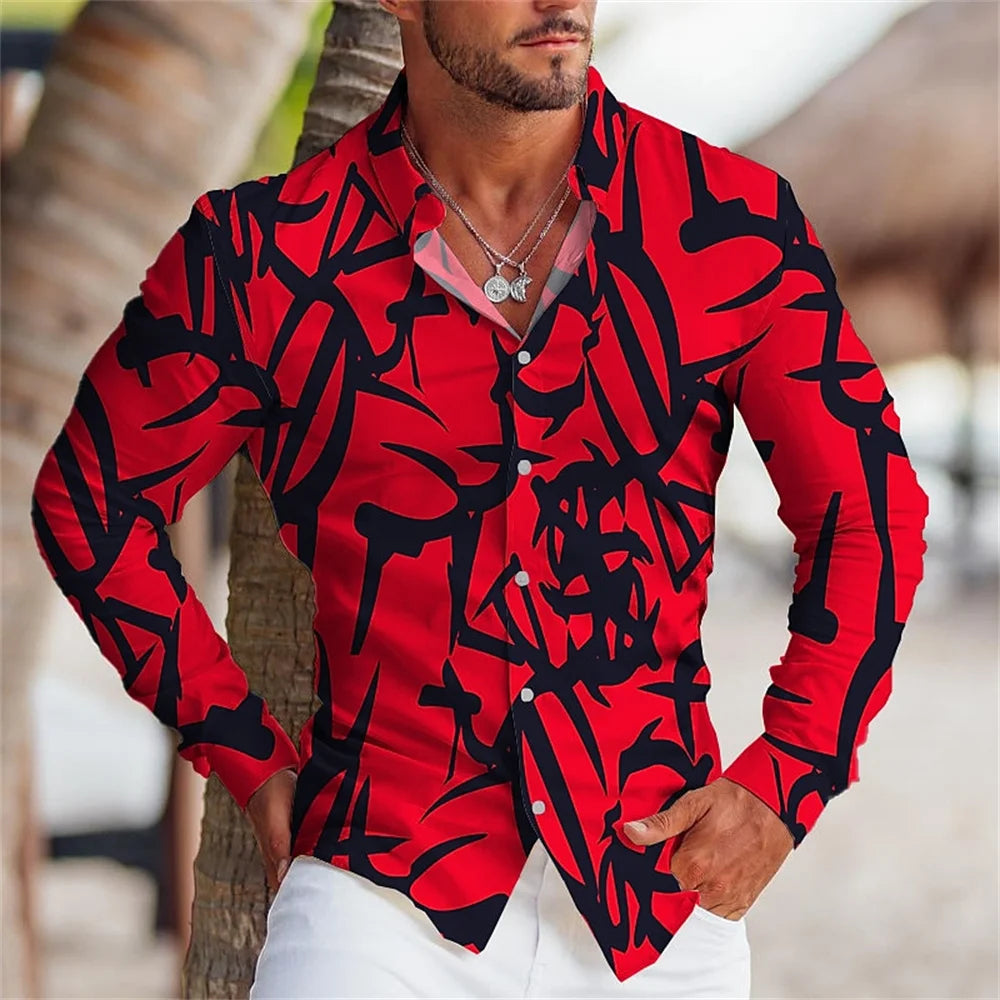 Men's High Quality Luxury Prom Fashion Social Flower Print Polo Single breasted Costume Designer Long Sleeve Men's Shirt