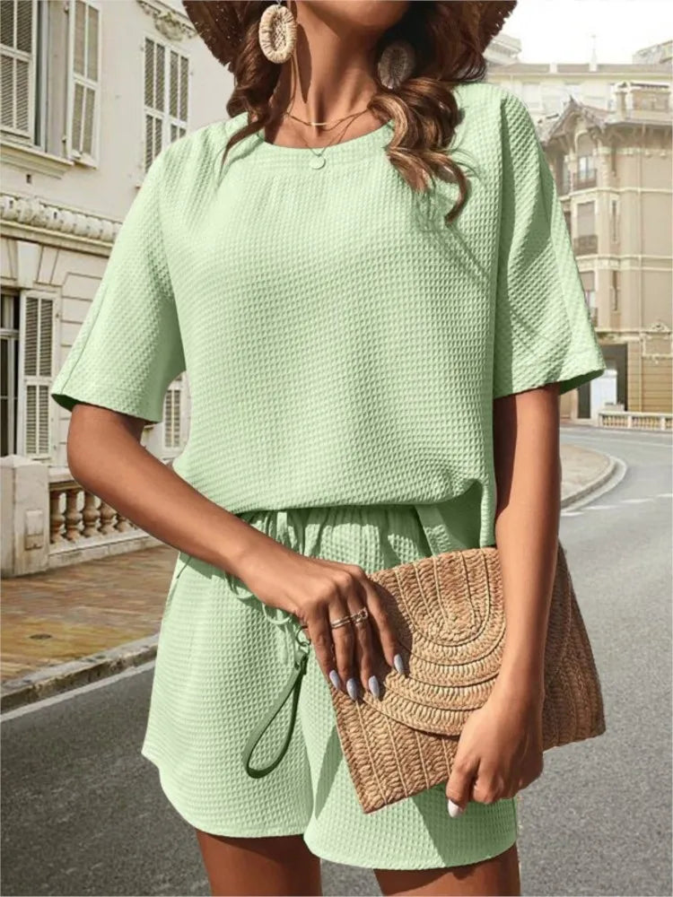 New Two Piece Set For Women Short Sleeve Foreign Style Bat T Shirt Fashion Solid Color Shorts 2 Piece Sets Women Outfits