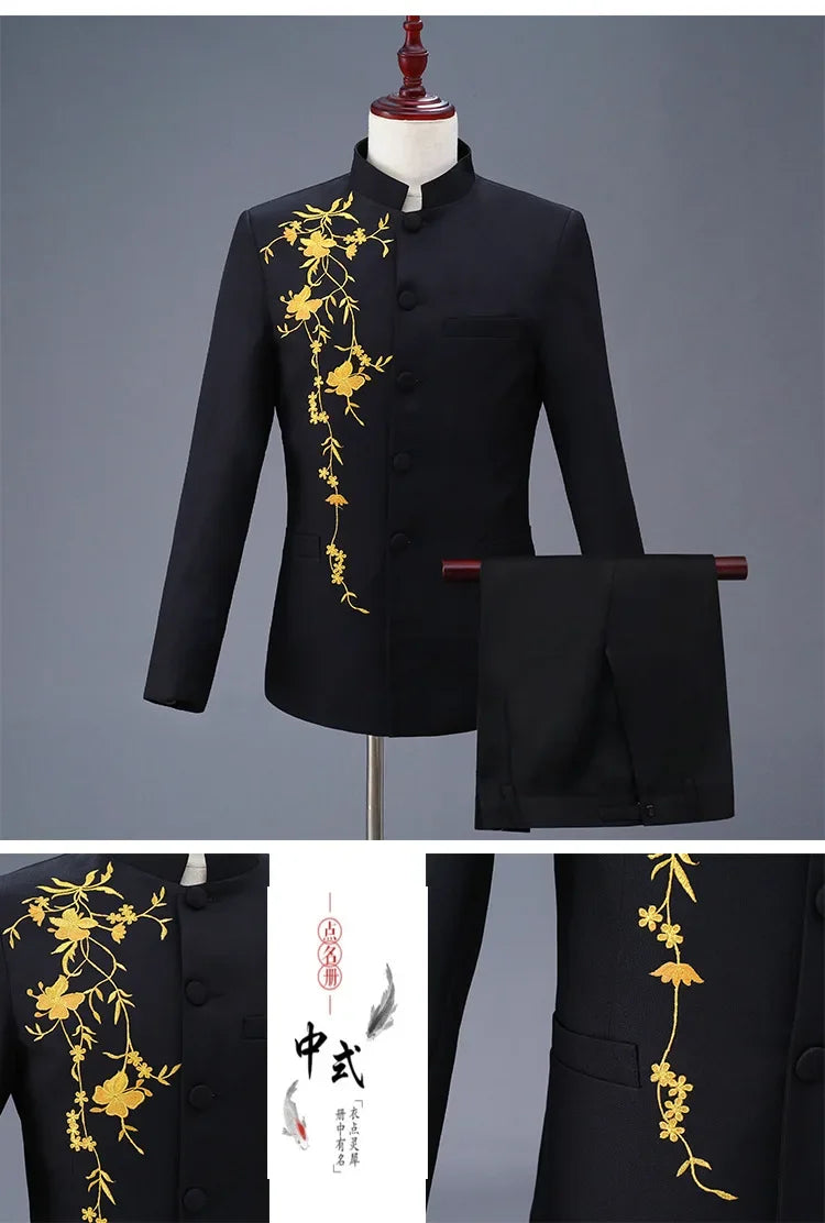 Neuer Herren Stehkragen Bestickter Anzug 2-teilig Schwarz / Weiß / Rot Mode Herren Bühne Party Perform Blazer und Hose