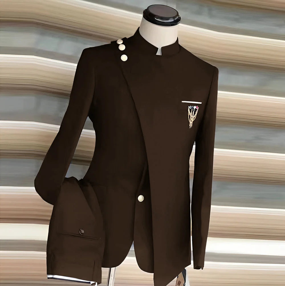 African Style Men's Suit 2 Piece Set Single Breasted Blazer Groom Wedding Tuxedo Gold Button Design Formal Jacket Pants 2 Piece