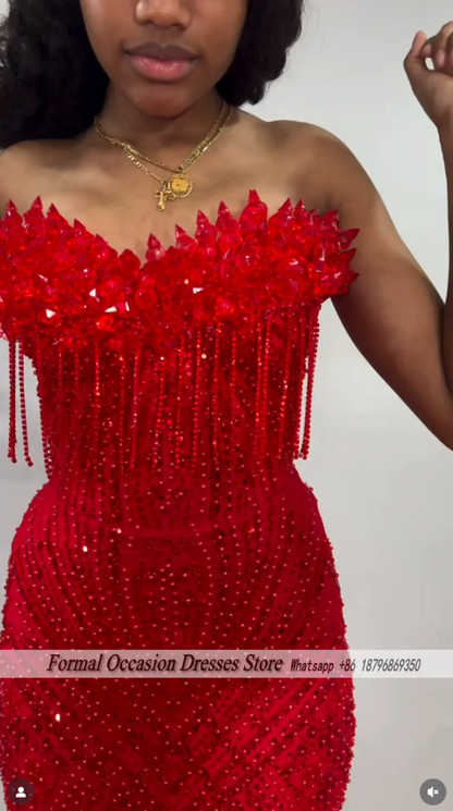 Luxury Red Prom Dresses With Veil 2026 Sequin Beading Black Girls Evening Dress 2025 Sleeveless Birthday Party Gowns Customized