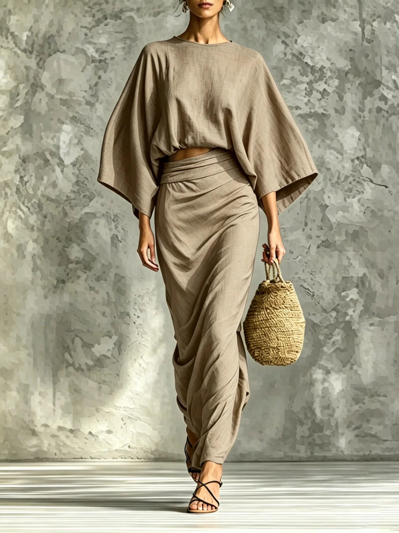 Two-Piece Woman High-Waist Chic Dress Set,  Round Neck Three-Quarter Sleeve Short Top and Skirt Set
