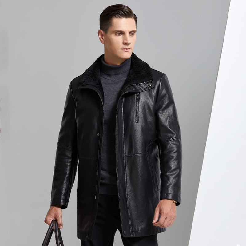 YN-8819 Fur Integrated Men's Leather Jacket Mid-length Thickened Natural Sheepskin Lapel Home Casual Jacket Factory Direct Sales