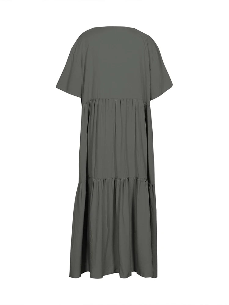 Damen Übergröße Lässiges lockeres V-Ausschnitt Einfarbiges langes Kleid Frühling Sommer Plissee Big Size Damenkleid
