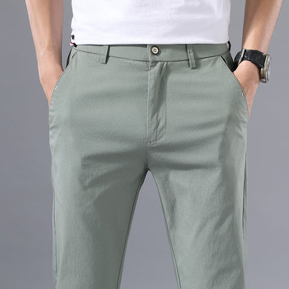 Men's Thin Pants Solid Color Pants Smart Casual Business Fit Body Stretch Trousers Men Cotton Formal Breathable Trousers