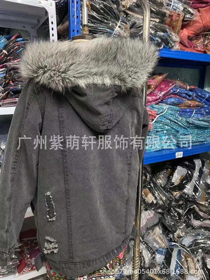 Autumn Women Fashion Denim Coats Retro Big Fur Collar Denim Jacket Temperament Hole Distressed Stitching Jackets Coat
