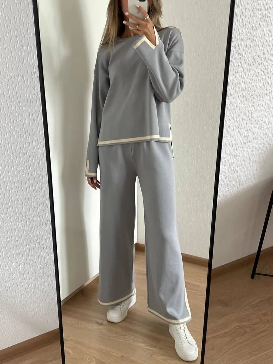 HLBCBG Knitted Women's Trousers Suit Two Piece Set Green Winter Loose Long Sleeve Knitwear Flare Pants Sets Female Casual Suits