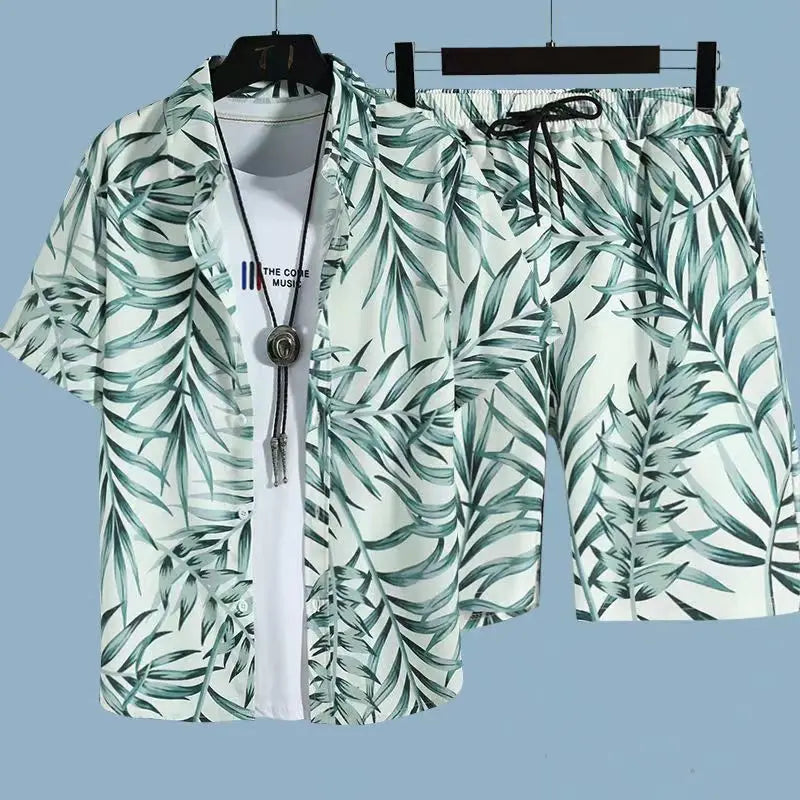 Comfortable flower grass leaf coconut tree 3D Print shirt +Shorts Two Piece Set Short Sleeve Flip collar shirts half pants
