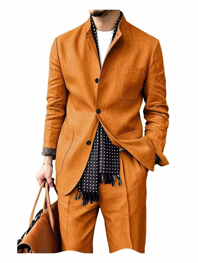 Men's 2 Piece Suit Linen Blend Stand Collar Single Breasted 3 Button Slim Fit Business Casual Vacation Wedding Breathable Outfit