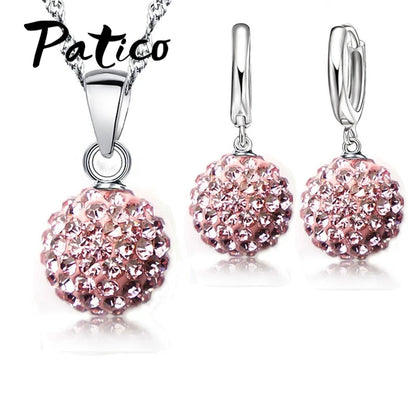 Hot New Jewelry Sets 925 Sterling Silver Austrian Crystal Pave Disco Ball Lever Back Earring Pendant Necklace Woman