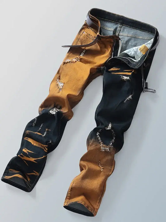 Men's Gradient Color Hole Denim Pants High Street Spliced Vintage Long Trousers Trendy Straight Leg Pants