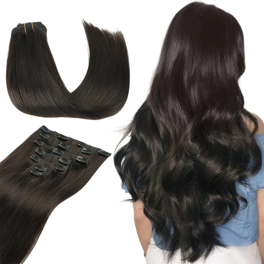 7Pcs/Set 16 Clips Hair Extension Black Long Straight Natural Hair Ombre Hairpiece Heat Resistant Fiber for Women Hairstyle