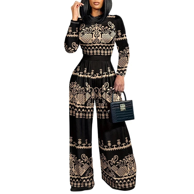 Autumn Winter New Print Women Jumpsuits Fashion O-Neck Long Sleeve High Waist Office Ladies Casual Slim Wide Leg Jumpsuit Female