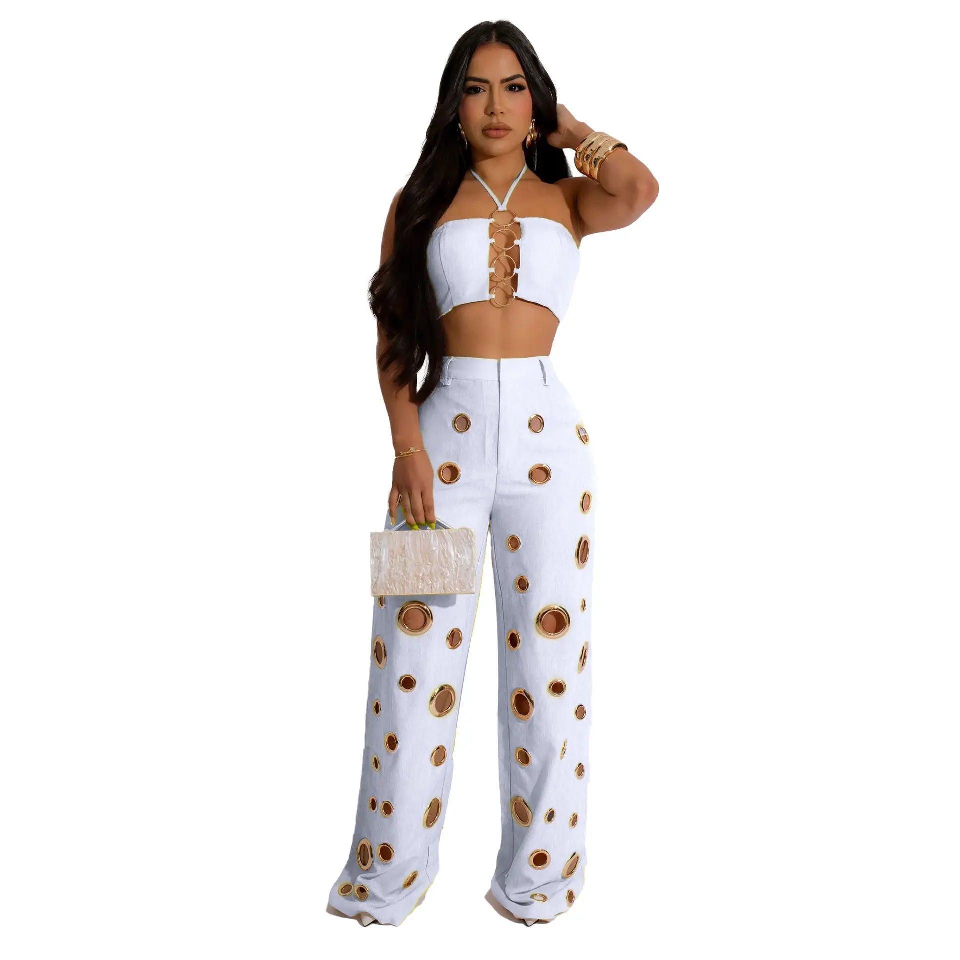FLARORA Y2k Hole Sequined Wide Leg Pants Streetwear Sexy Solid Halter Sleeveless Backless Tops And Pants Women's Two Pieces Set