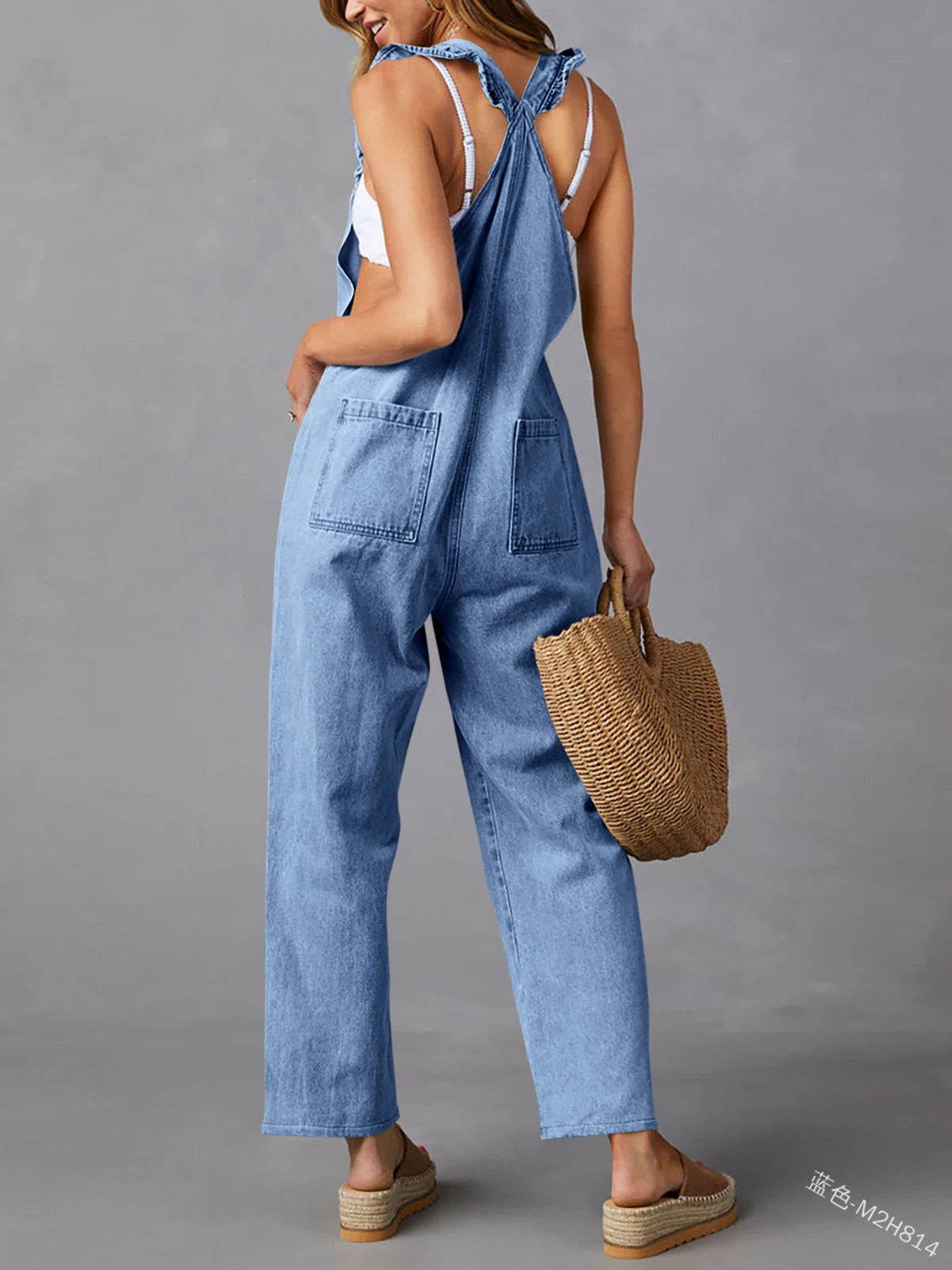 Women's Straight Leg Denim Jumpsuits Ruffle Sleeve Button Down High Waist Straight Leg Jeans Long Denim Rompers With Pockets