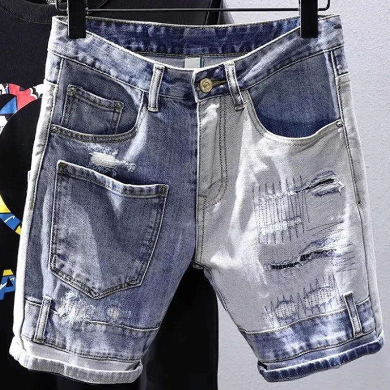 2025 Mens Distressed Denim Shorts Summer Washed Ripped Patchwork Paint Splatter Slim Fit Five Inch Jeans Y2K Vintage Hip Hop Fas