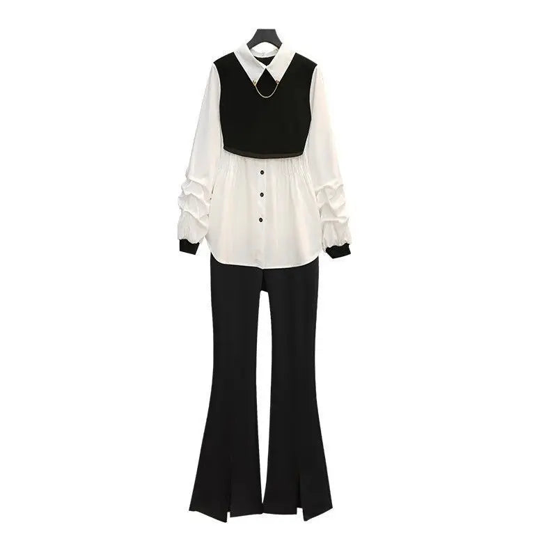 New Summer Pleated Chiffon Shirt Blazer Casual Flared Pants Two-piece Elegant Women's Pants Suit Street Outfits for 2023