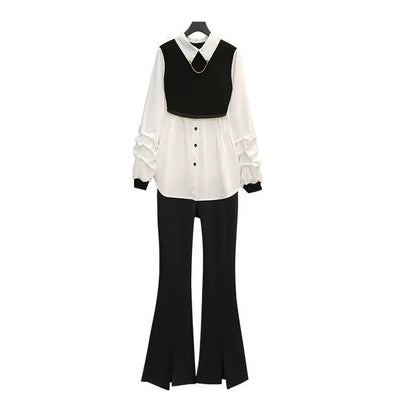 New Summer Pleated Chiffon Shirt Blazer Casual Flared Pants Two-piece Elegant Women's Pants Suit Street Outfits for