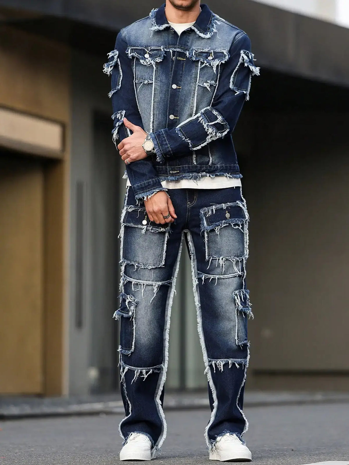Herren-Frühlings- und Herbst-Denim-Anzug, Multi-Pocket-Design, weite, gerade Hosenform
