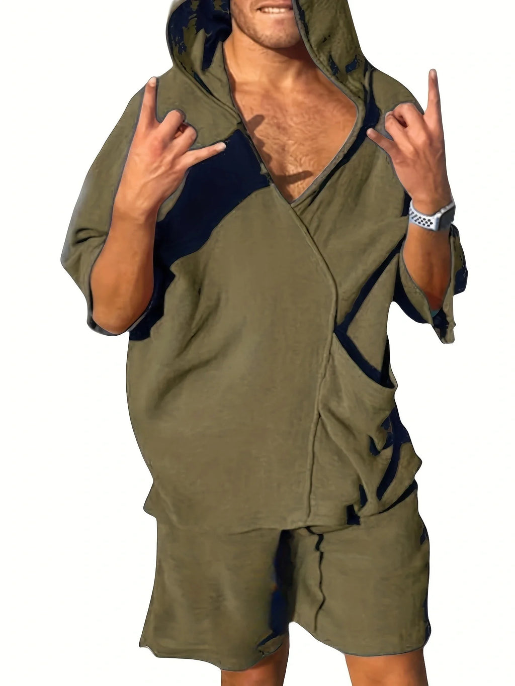 2025 new men's V-neck fashion short-sleeved shorts two-piece summer thin men's hooded beach leisure outdoor suit