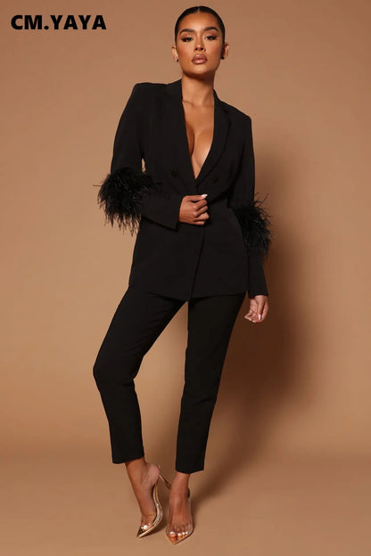 CM.YAYA Vintage Women Fur Hem Long Sleeve Blazer Suit and Pants  Chic OL Fashion Two 2 Piece Set Outfits Basic Tracksuit