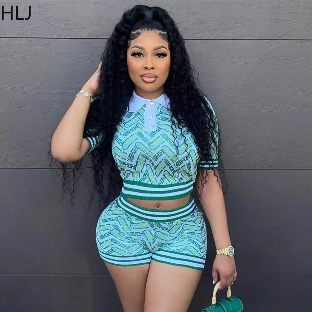 HLJ Blue Summer Printing Shorts Two Piece Sets Women Polo Nack Crop Top And Shorts Outfits Fashion Y2K Matching 2pcs Streetwear