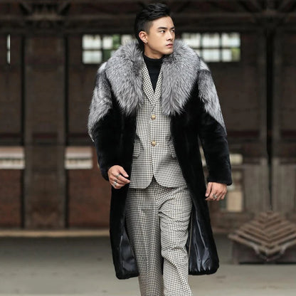 Winter men's silver fox fur collar fur coat, long thick and warm windbreaker, fashionable and elegant coat