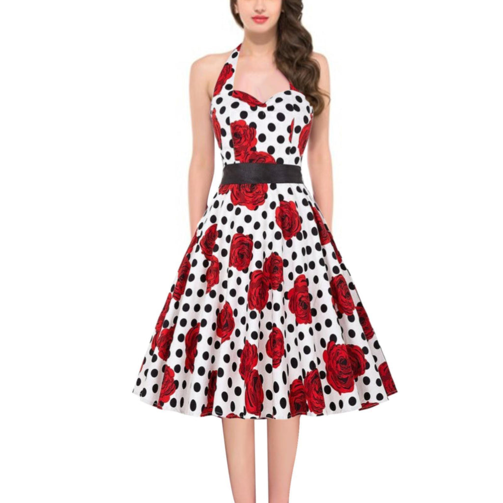 Vintage Polka Dot A-Line Dress Summer Women Sexy Halter Backless Low Cut Party Dress 50s 60s Retro Pin Up Rockabilly Swing Dress