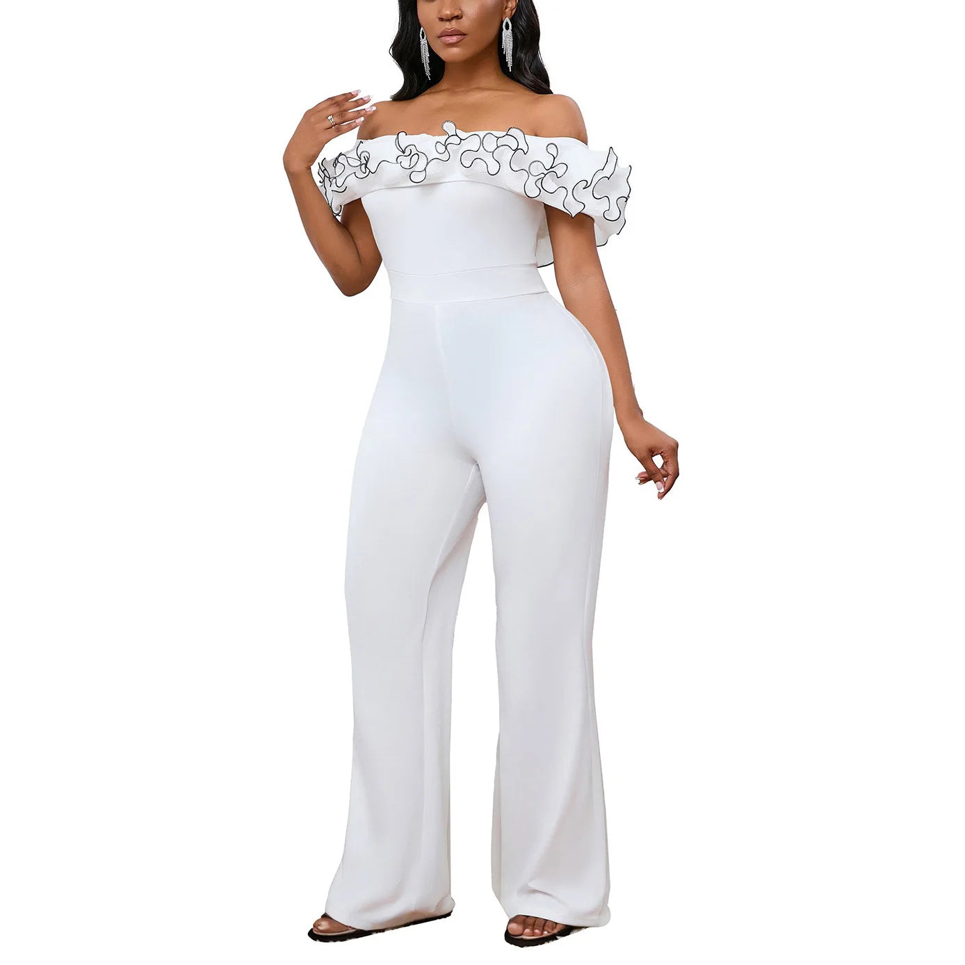 Elegant Jumpsuits Rompers 2024 New for Woman Off the Shoulder Ruffles High Waisted Straight Floor Length Birthday Party Outfits