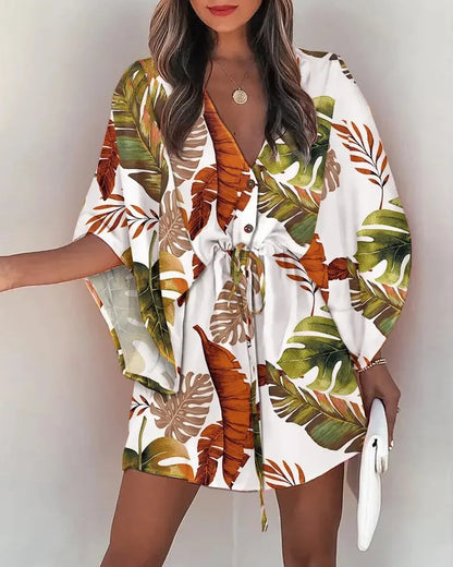 Summer Dress For Women  New Floral Print Bat Half-Sleeve V-Neck Ruffle Irregular Hem Female Dress Casual Boho Women Clothes