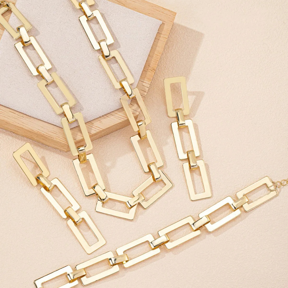 3/4PCS Stainless Steel Fashion Gold Color Geometric Chain Hollow Necklace Bracelets For Women Girl New Fashion Non-fading Set