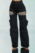 CM.YAYA Women Cutout Diamonds Crystal Hollow Out Straight Denim Pants  Fall Multi Pocket High Waist Wide Leg Jeans Trousers