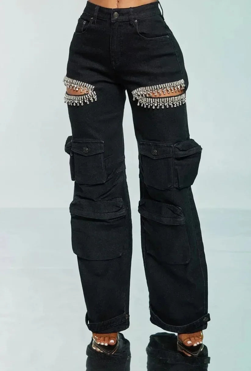 CM.YAYA Women Cutout Diamonds Crystal Hollow Out Straight Denim Pants  Fall Multi Pocket High Waist Wide Leg Jeans Trousers