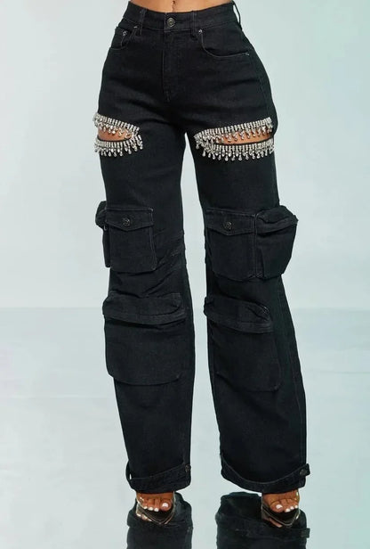 CM.YAYA Women Cutout Diamonds Crystal Hollow Out Straight Denim Pants  Fall Multi Pocket High Waist Wide Leg Jeans Trousers