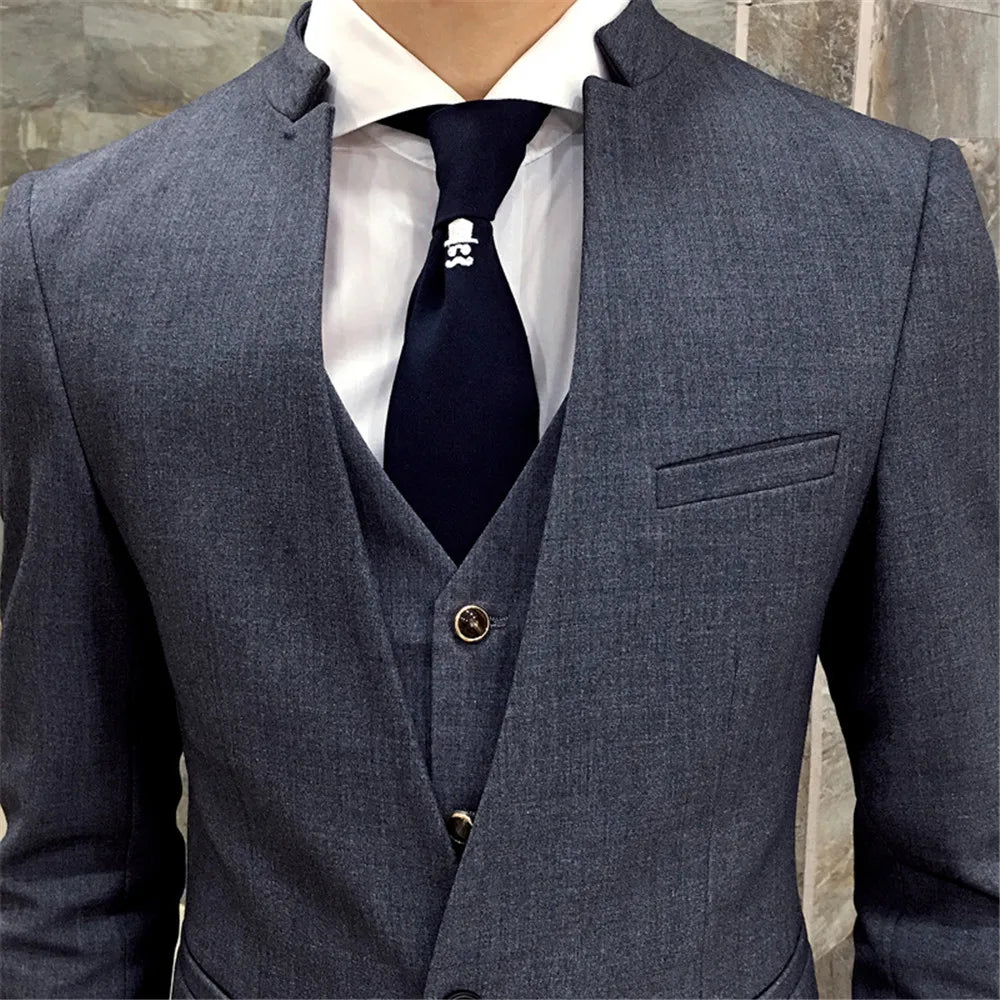 Mens Suit Vest 3 Pieces Business Stand Collar Grey Formal Black Men Suit Pants High Quality