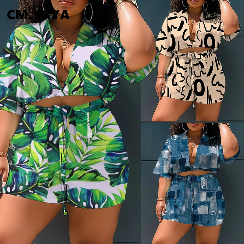 CM.YAYA 2024 Summer Women’s Sets Short Sleeve Printed Shirt + Shorts Suits Casual Loose Plus Size Night Club 2 Two-Piece Sets